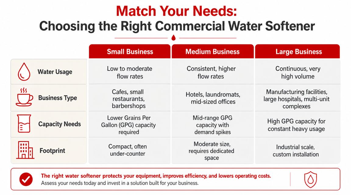 A guide chart comparing commercial water softener needs for small, medium, and large business sizes.