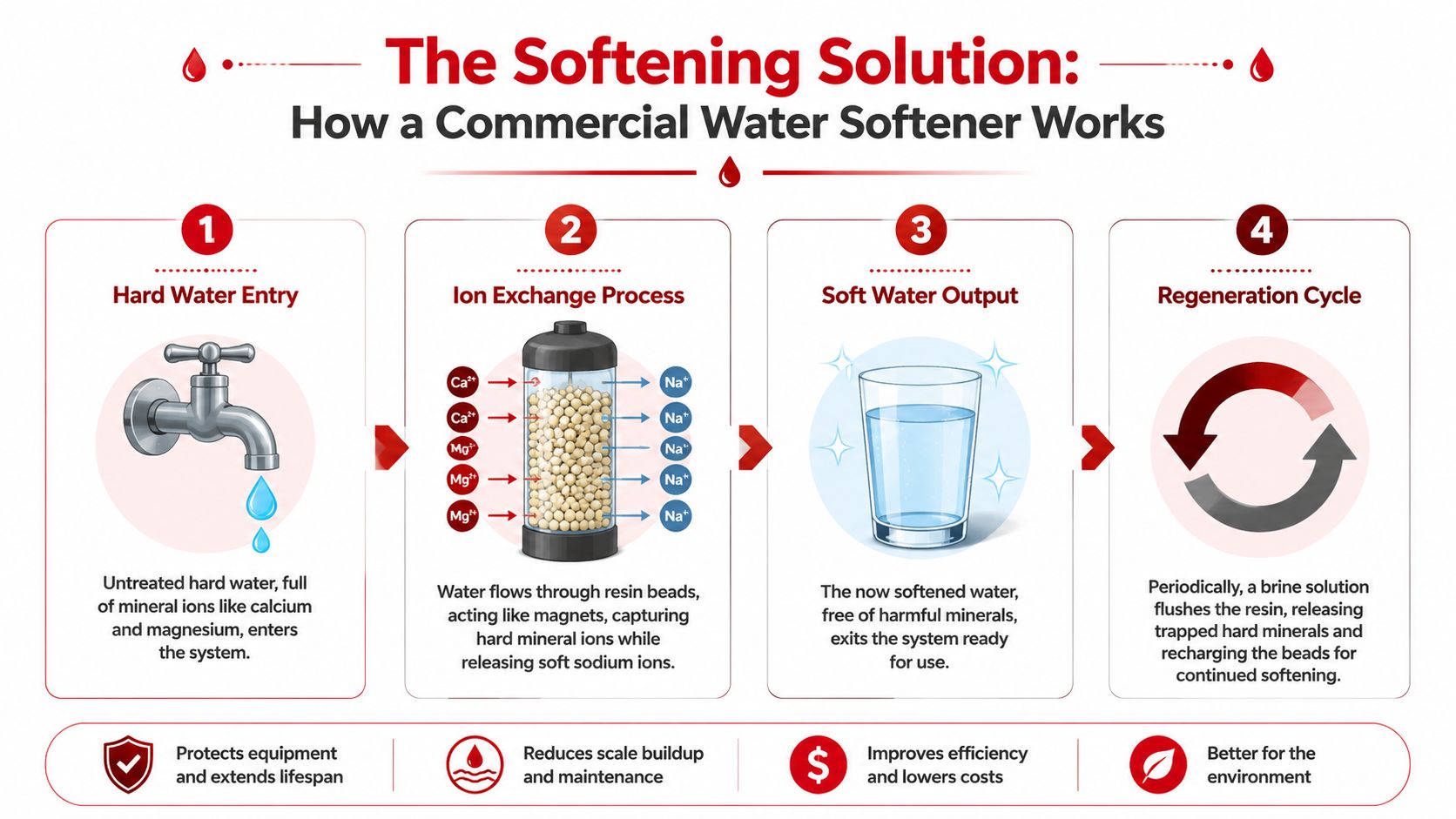 A four-step infographic illustrating how a commercial water softener system removes hard minerals via ion exchange.