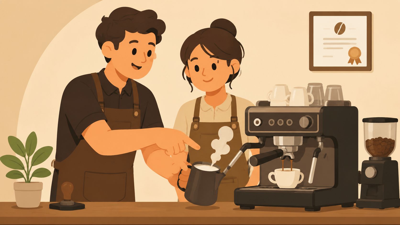 A friendly barista training a new employee on how to steam milk using an espresso machine.