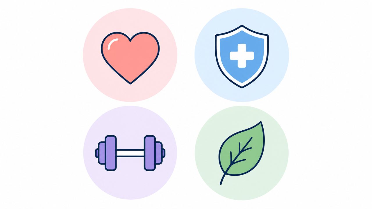 Four circular icons representing health, protection, fitness, and nature, symbolizing diverse wellness benefits for employees.