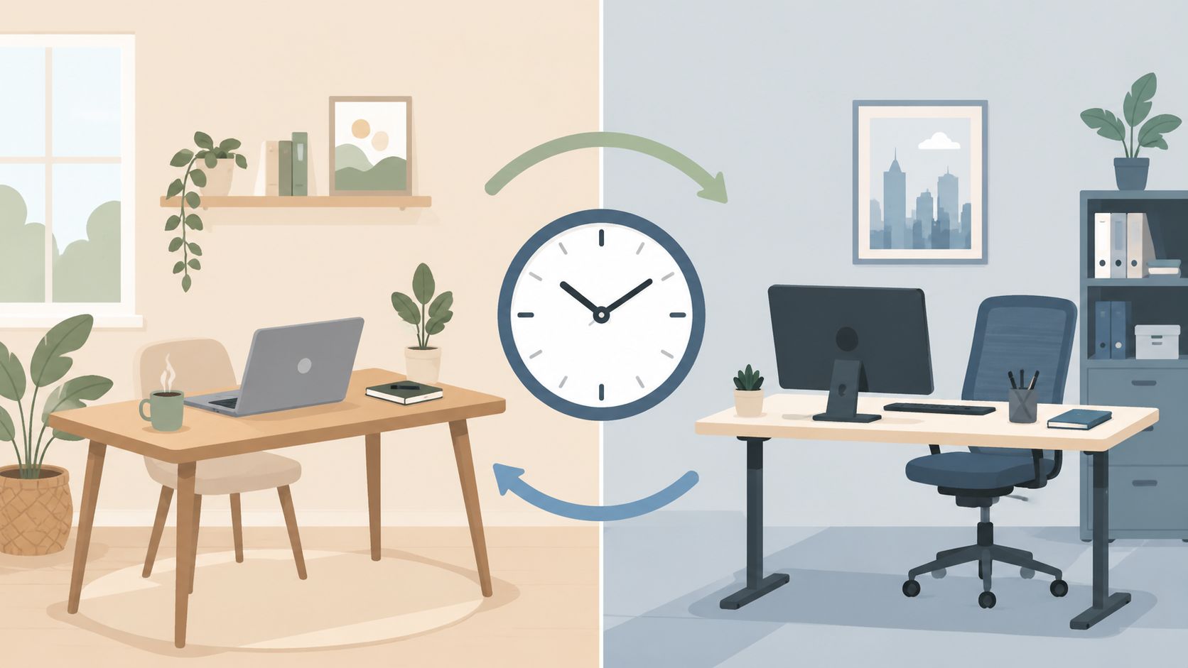 A split-screen illustration showing a cozy home office on the left and a professional workspace on the right.