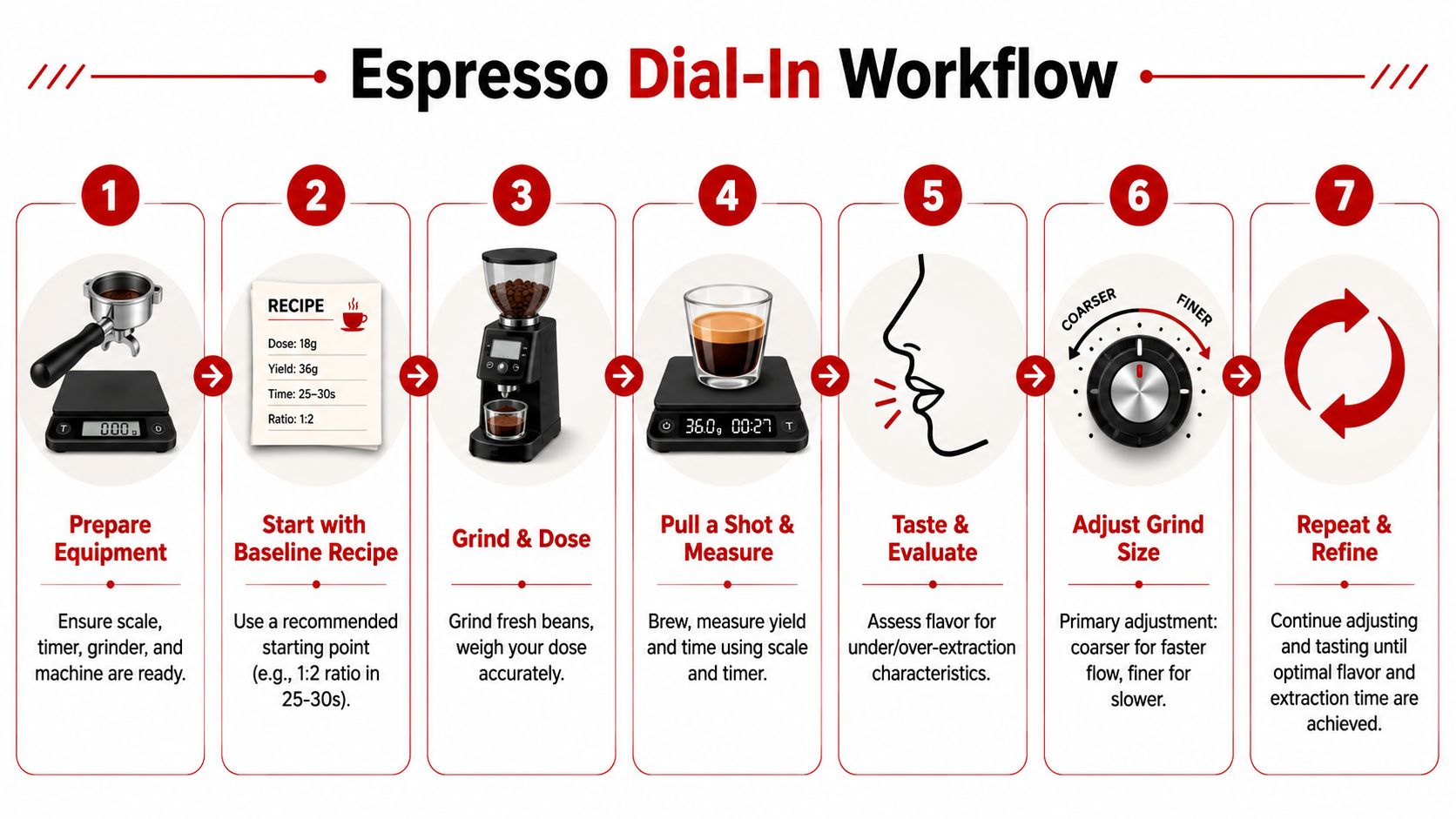 A seven-step infographic showing the workflow to dial in espresso for optimal extraction and flavor.