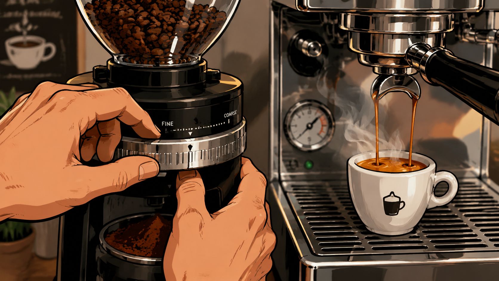 A home barista adjusting a coffee grinder setting while an espresso machine brews coffee into a cup.