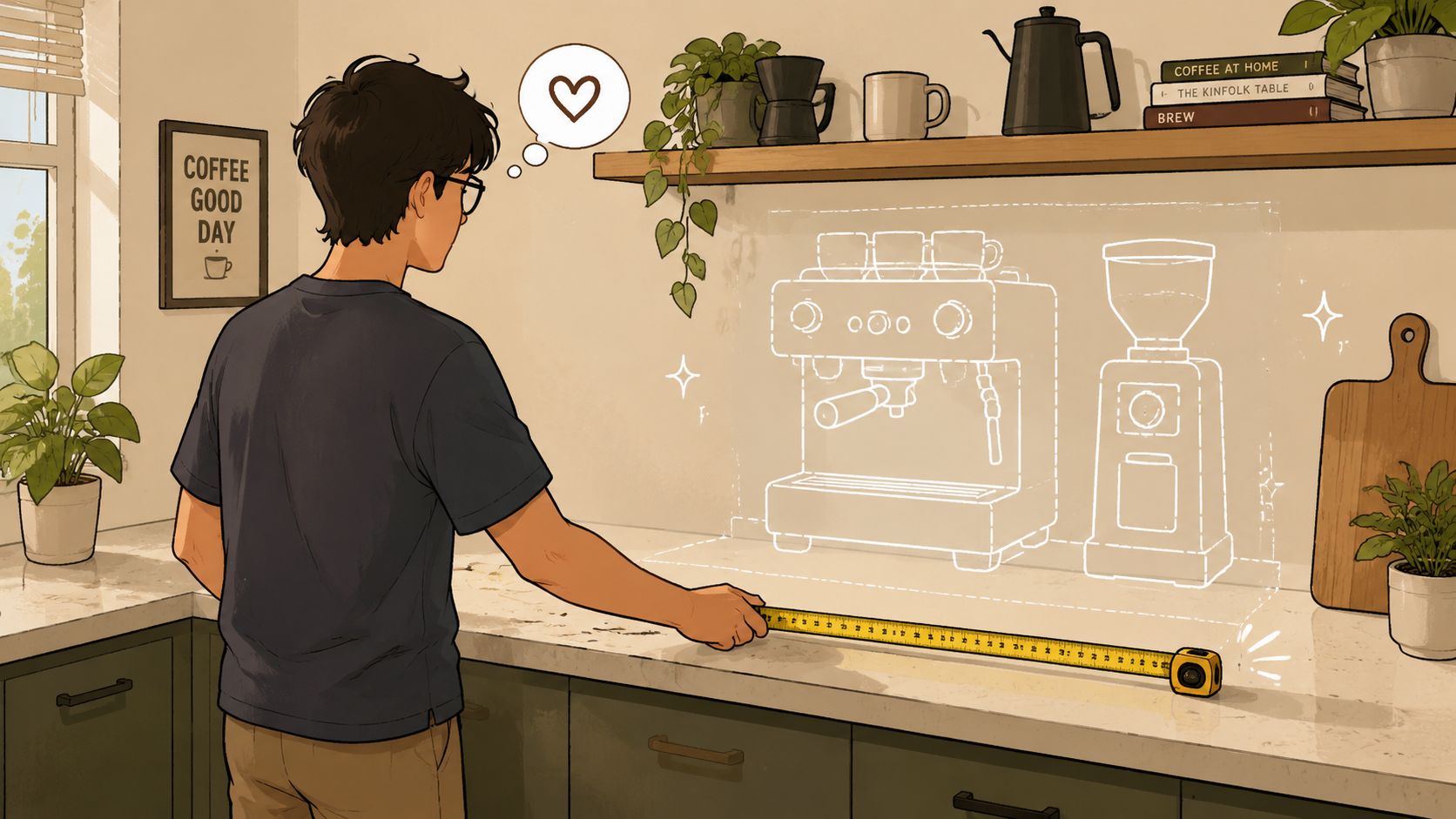 A person measuring a kitchen countertop to plan for a new espresso machine and coffee grinder setup.