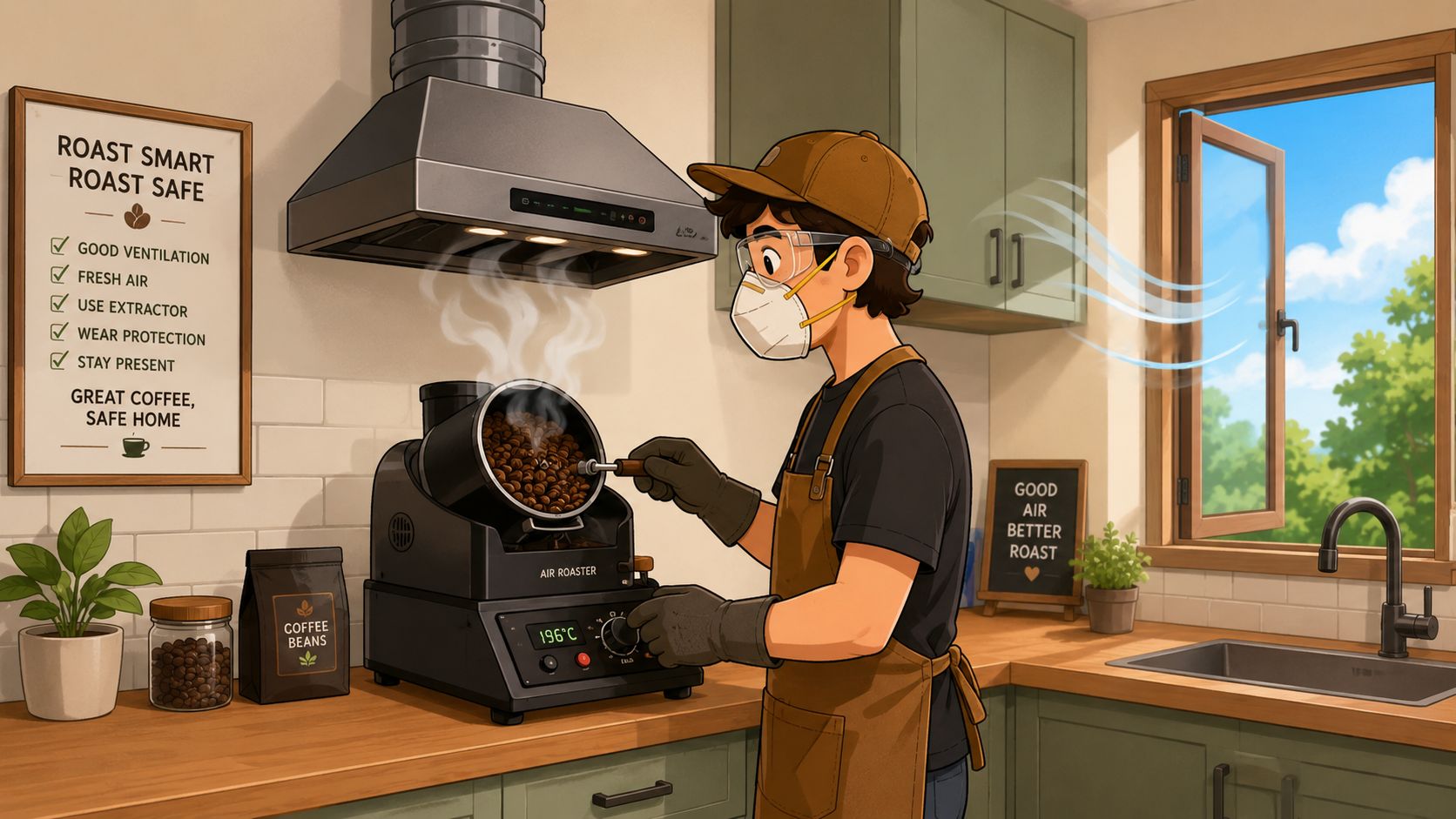 A person in a kitchen wearing protective gear and using a coffee roaster under a vent hood.