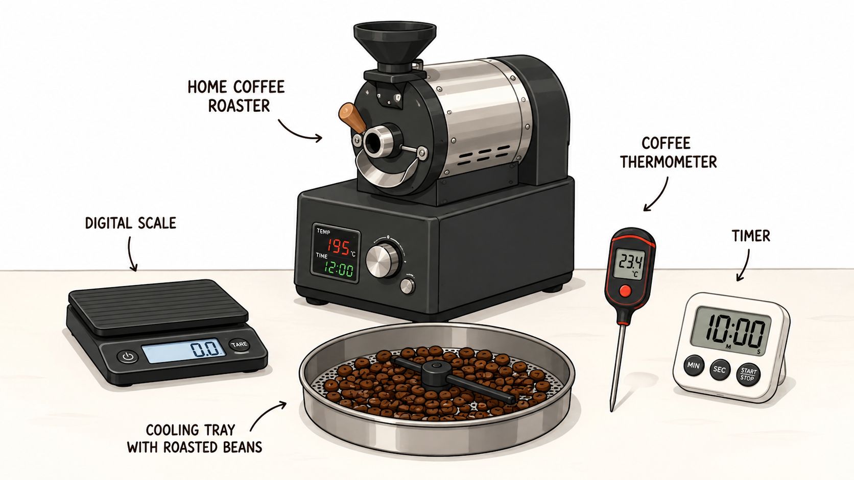 A complete set of home coffee roasting equipment including a roaster, digital scale, thermometer, timer, and cooling tray.