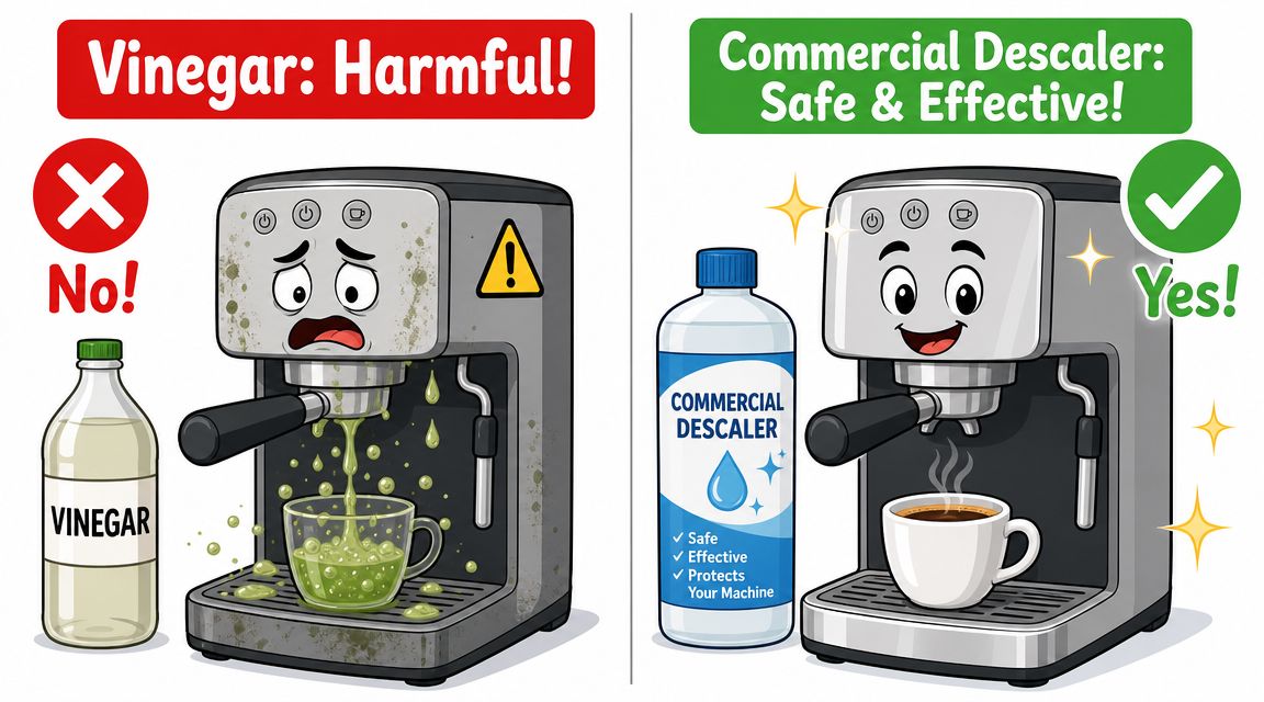 A comparison illustration showing an unhappy coffee machine damaged by vinegar versus a happy one using commercial descaler.