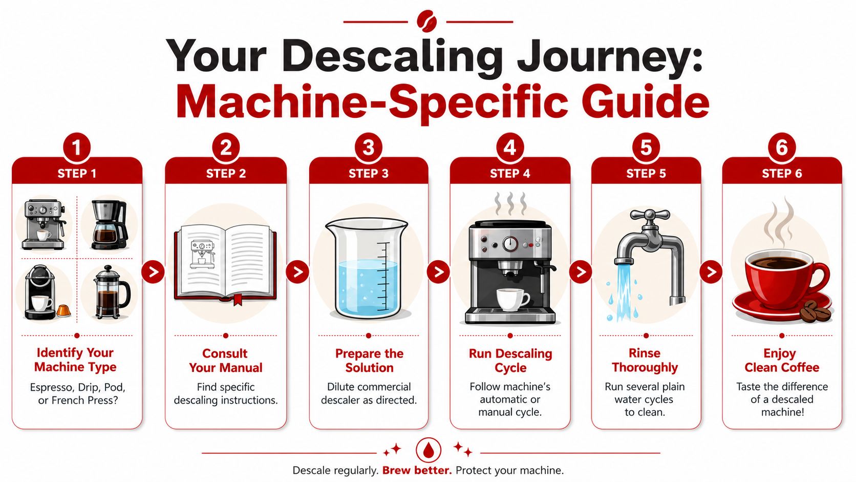 A six-step infographic illustrating the professional guide on how to properly descale a coffee machine.