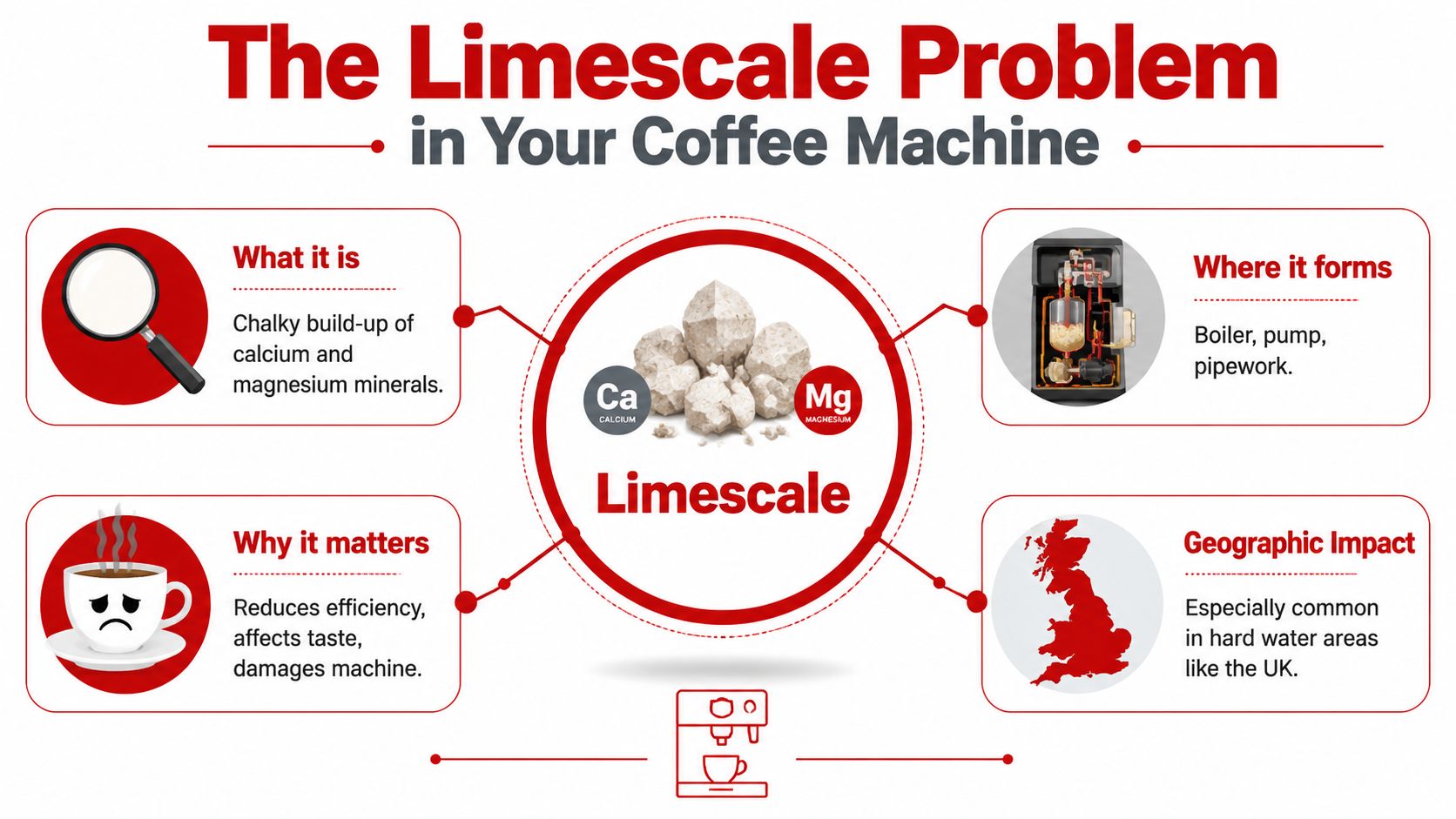 An infographic titled The Limescale Problem in Your Coffee Machine explaining the causes, location, impact, and geography.
