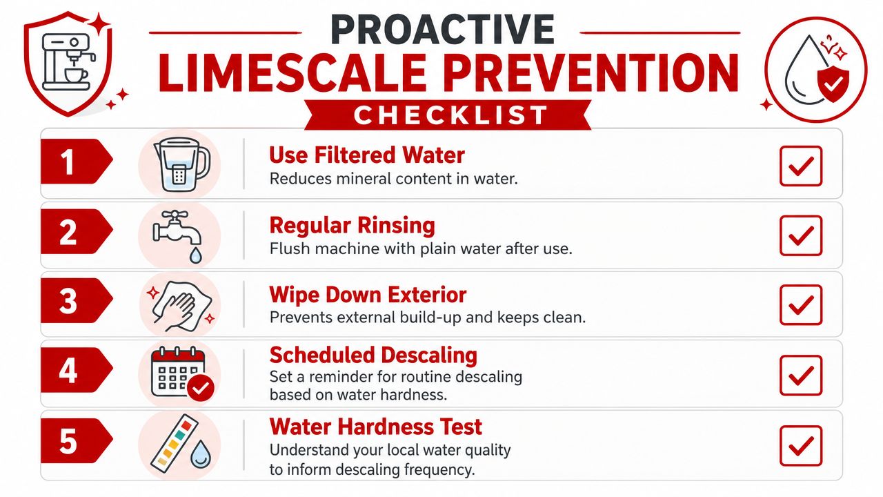 A five-step checklist for proactive coffee machine maintenance to prevent limescale buildup and extend appliance life.