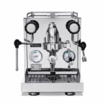 Shiny espresso machine with dual gauges and levers.