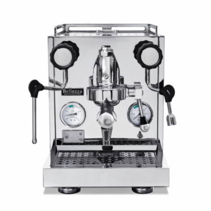 Shiny espresso machine with dual gauges and levers.
