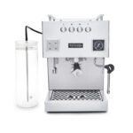 Shiny espresso machine with water tank.