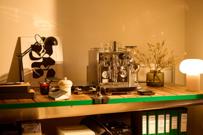 Cozy workspace with espresso machine and decor