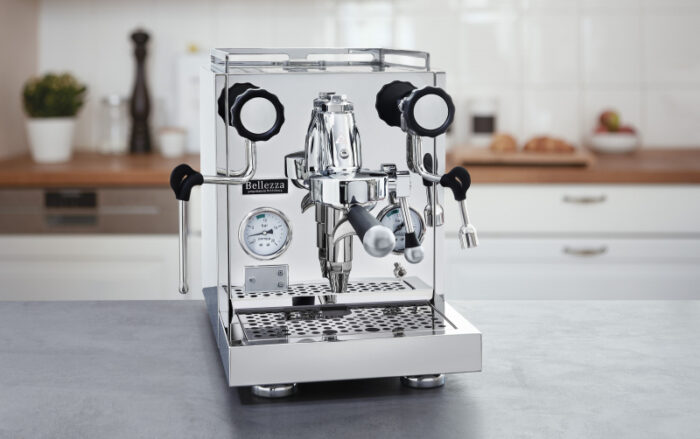 Shiny espresso machine on a kitchen countertop.