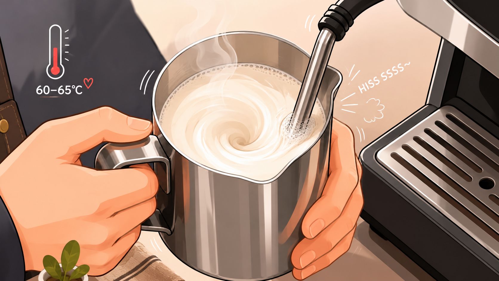 A close-up illustration of a barista steaming milk in a stainless steel pitcher using an espresso machine.