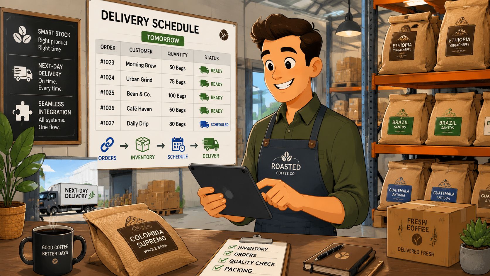 A happy coffee warehouse employee checking orders on a digital tablet in a professional coffee roasting facility.