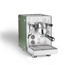 Stylish green and silver espresso machine.
