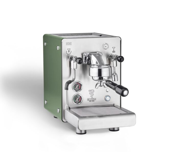 Stylish green and silver espresso machine.