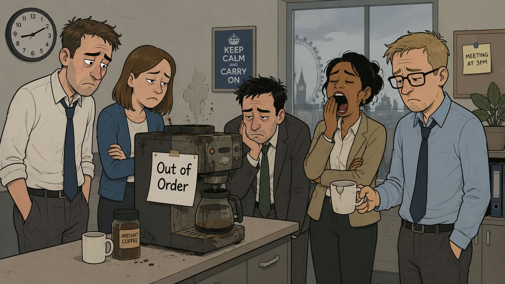 A group of exhausted office workers looking sadly at a broken coffee machine in an office.