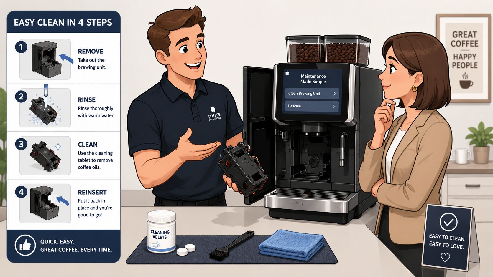 A service technician explains the four-step cleaning process for an automatic coffee machine to a female office employee.