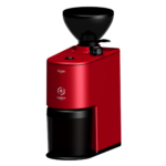 Eureka red coffee grinder with transparent container.