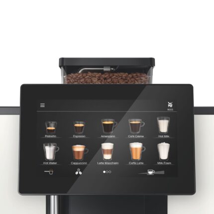 Coffee machine touchscreen displaying various drink options.