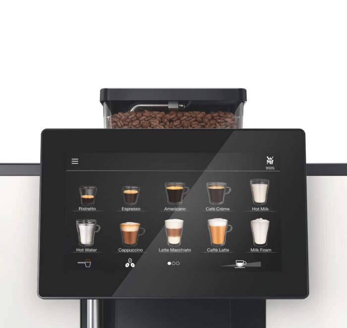 Coffee machine touchscreen displaying various drink options.