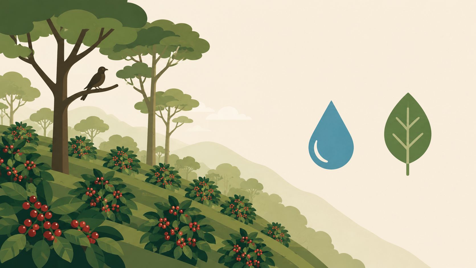 An illustration of a coffee plantation on a hillside with a bird, a water droplet, and a leaf.