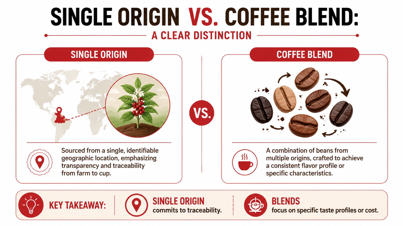An infographic comparing single origin coffee and coffee blends with descriptions and key takeaways.