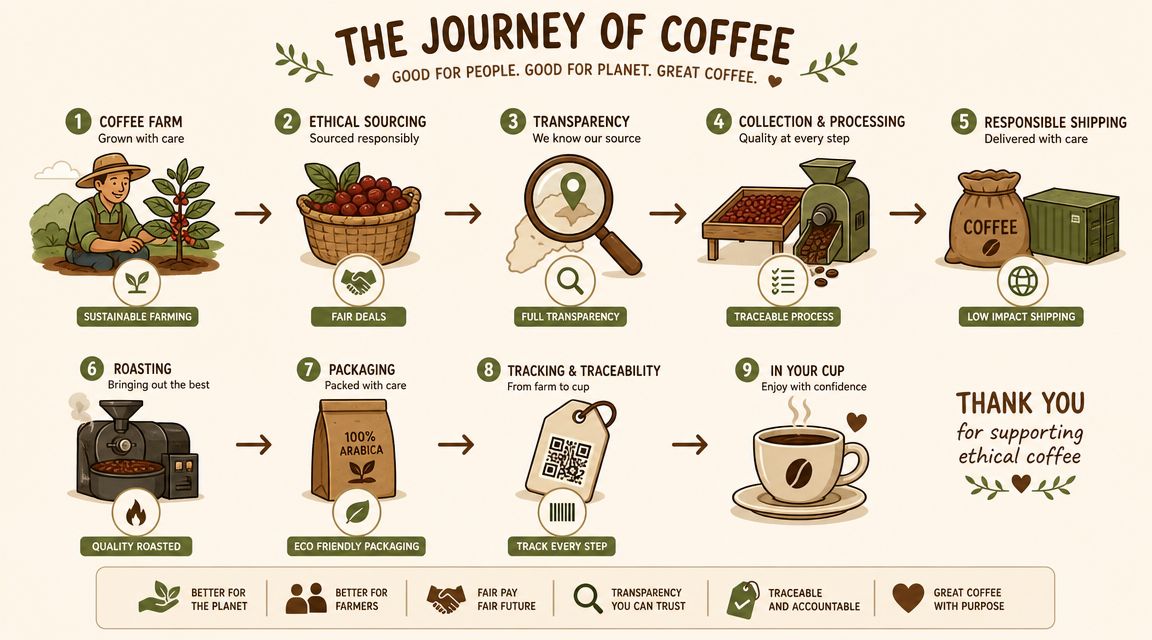 An infographic detailing the nine steps of ethical coffee production from farm to consumer cup.