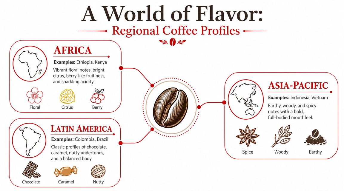An infographic showing flavor profiles of single origin coffee beans from Africa, Latin America, and Asia-Pacific regions.