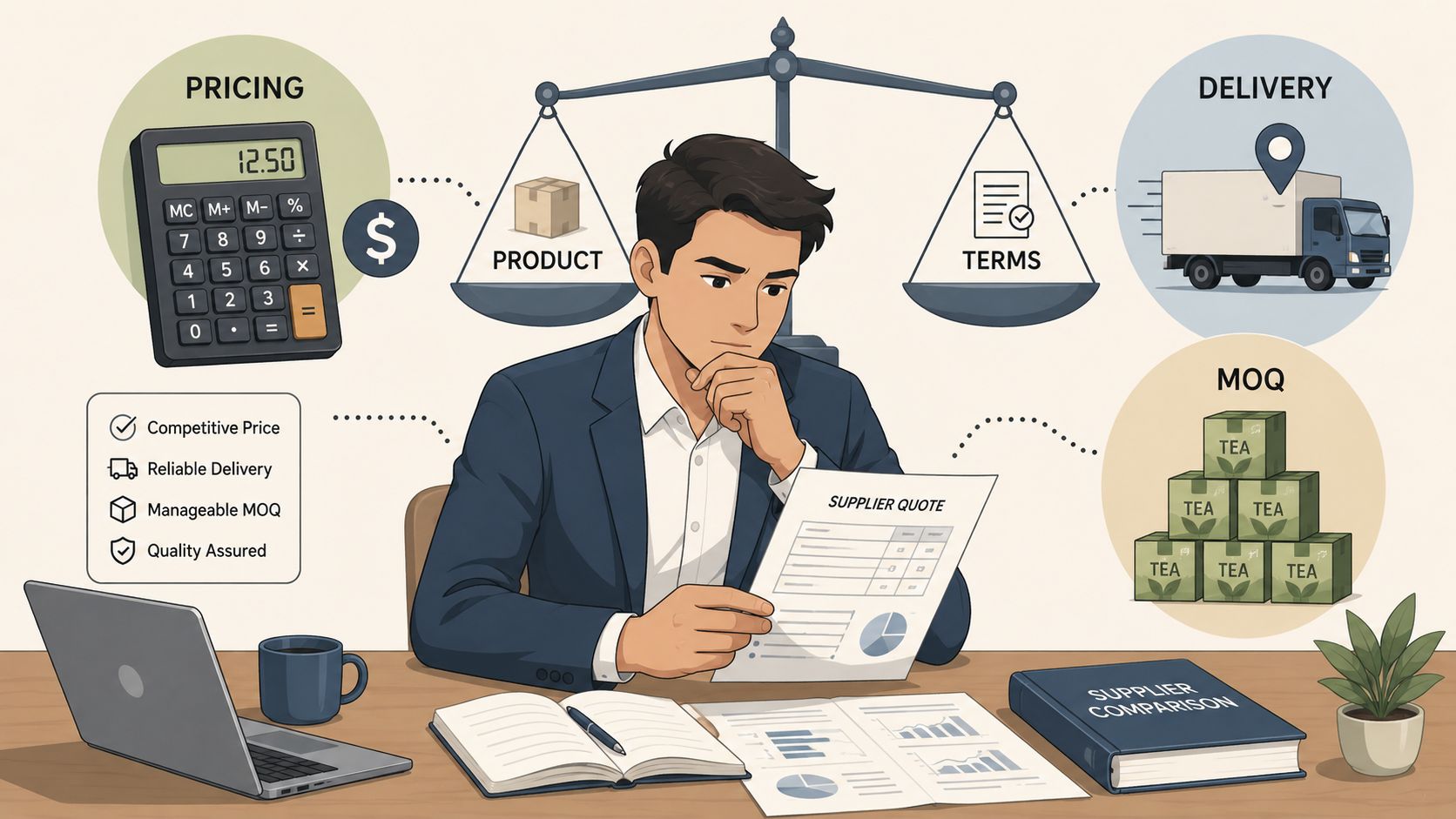 A professional analyzing a tea supplier quote at a desk to compare pricing, delivery, terms, and MOQ.
