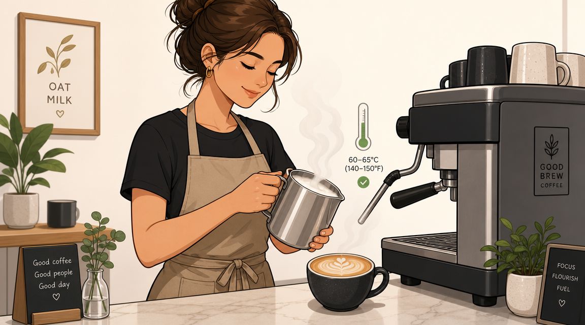 A barista in a cafe frothing oat milk for latte art with a professional espresso machine.