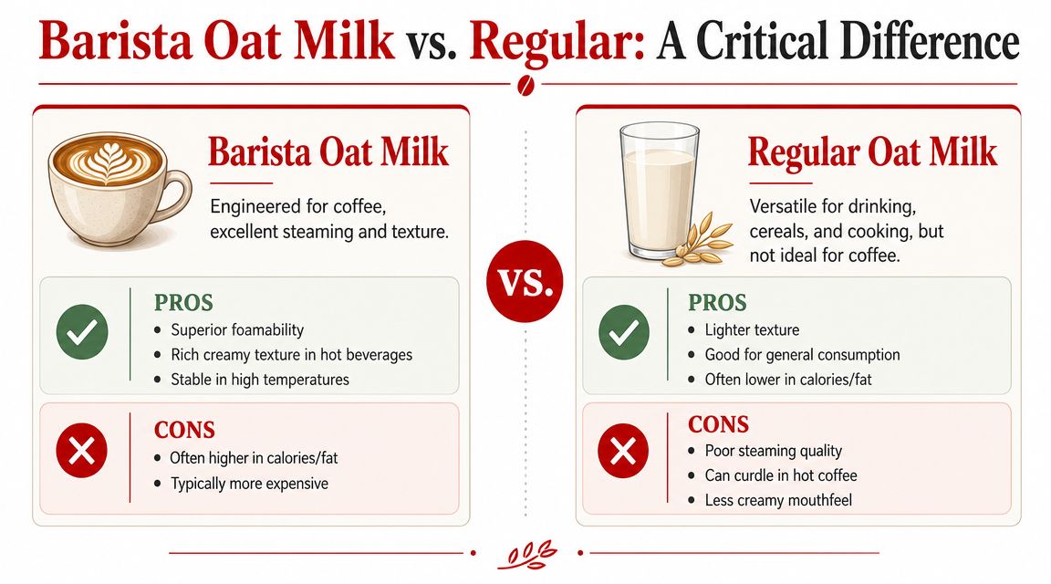 A comparison chart showing the differences between barista oat milk and regular oat milk for coffee.