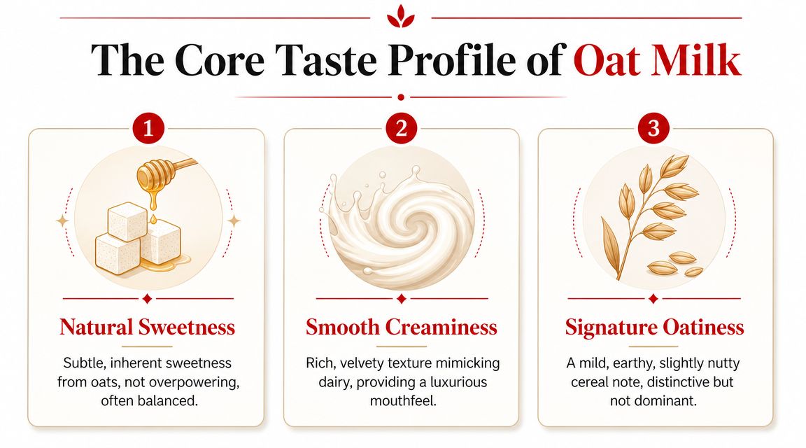 An infographic illustrating the core taste profile of oat milk, highlighting natural sweetness, smooth creaminess, and signature oatiness.