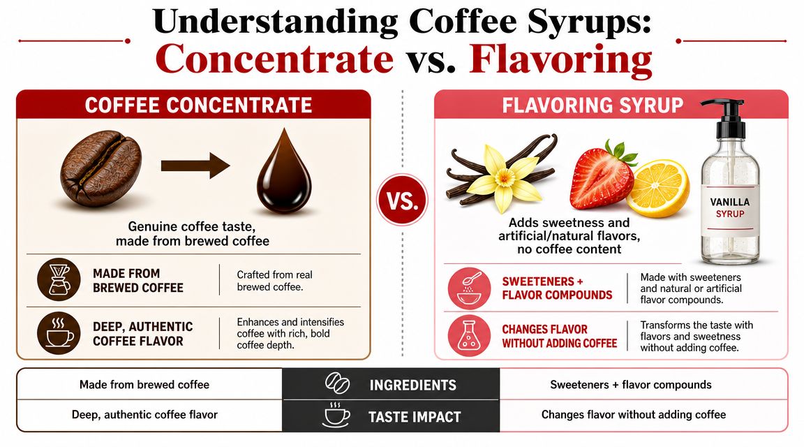 An infographic comparing coffee concentrate and flavoring syrup, highlighting their ingredients, preparation methods, and taste profiles.