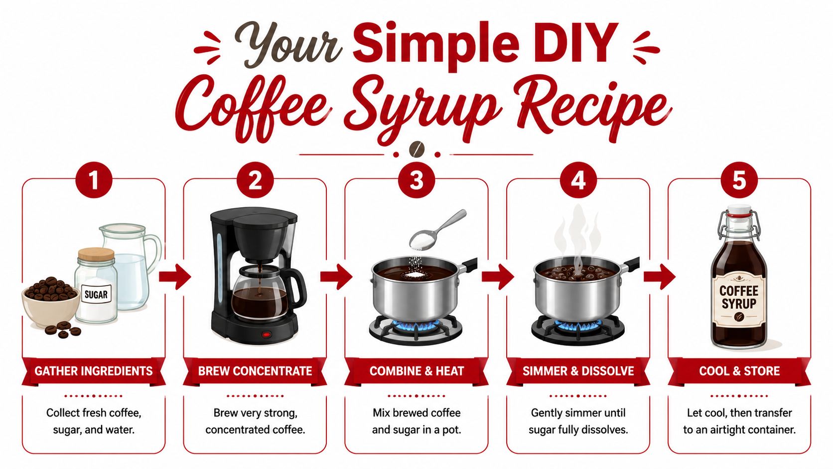 A five-step infographic showing how to make homemade coffee syrup using coffee beans, sugar, and water.