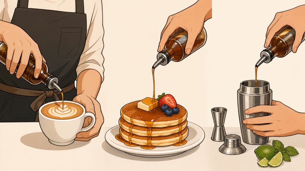 A three-part illustration showing someone pouring flavored syrup into coffee, onto pancakes, and into a cocktail shaker.