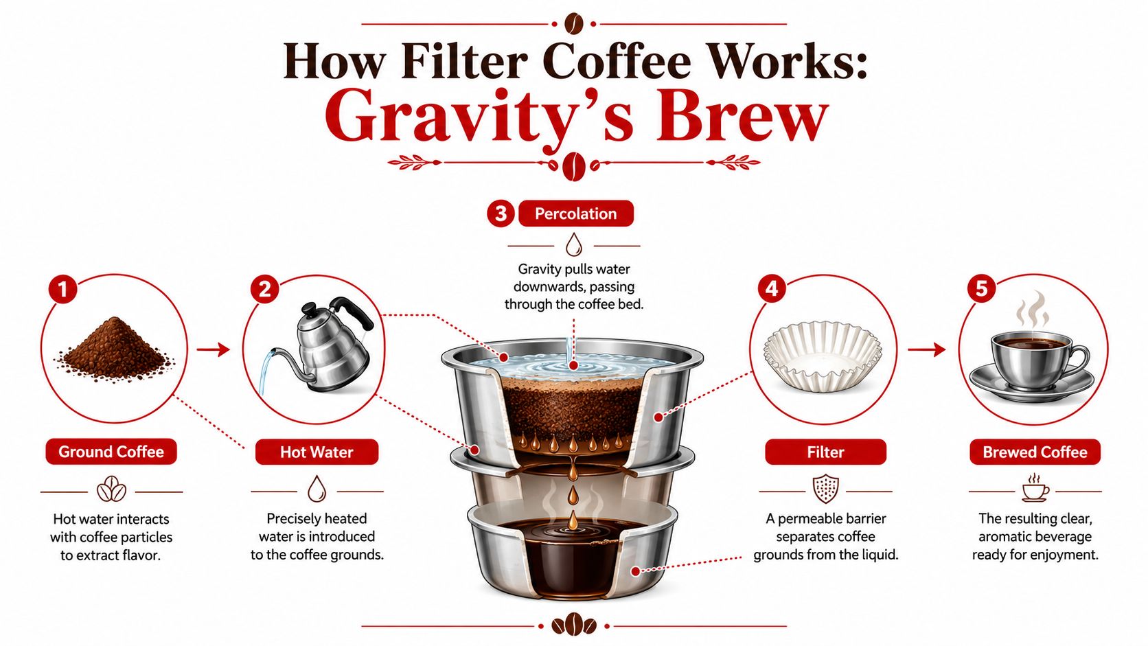 A detailed infographic illustrating the five steps of the filter coffee brewing process, from grounds to cup.
