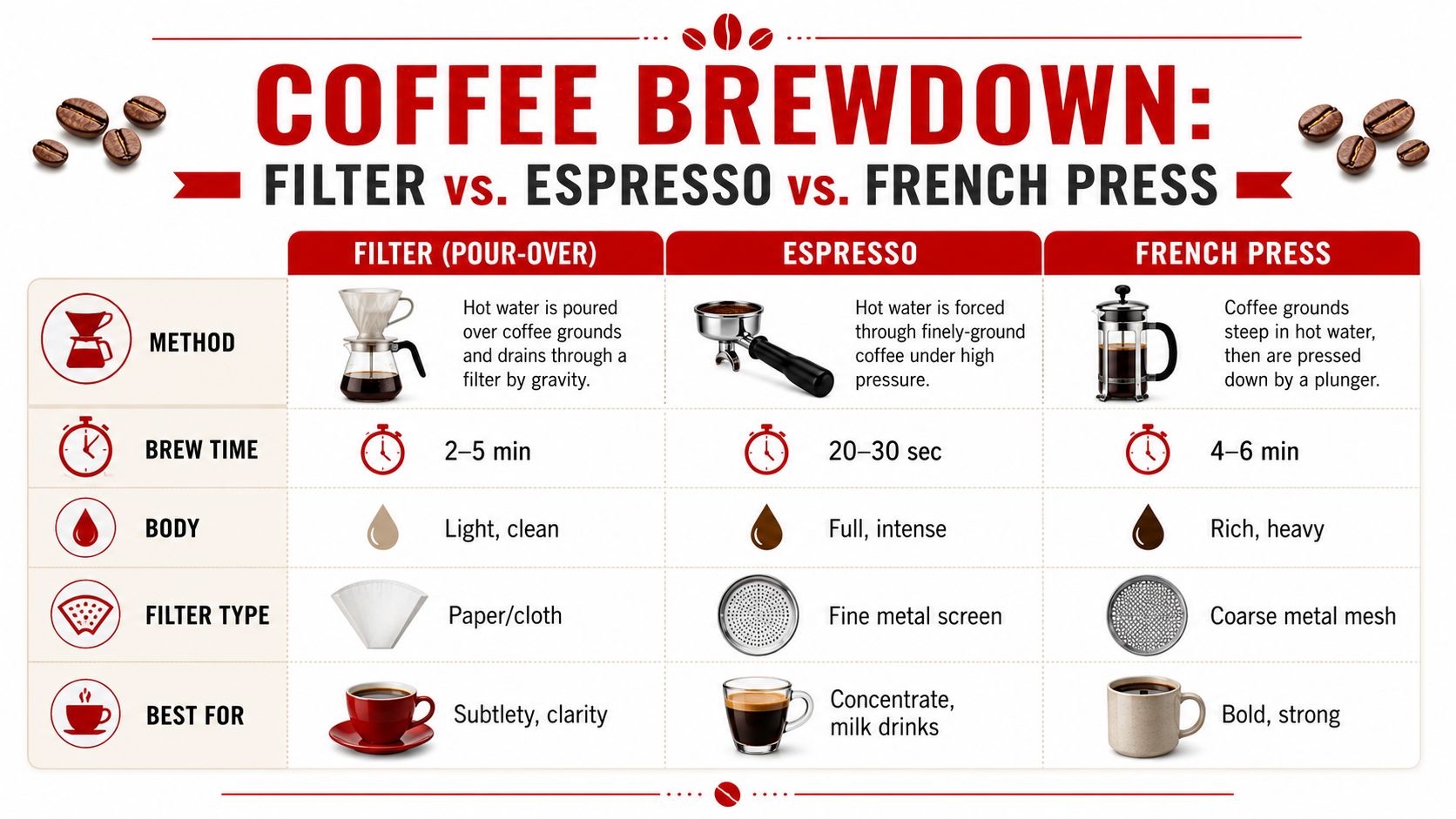 A comparison chart showing the differences between Filter, Espresso, and French Press brewing methods including time and body.
