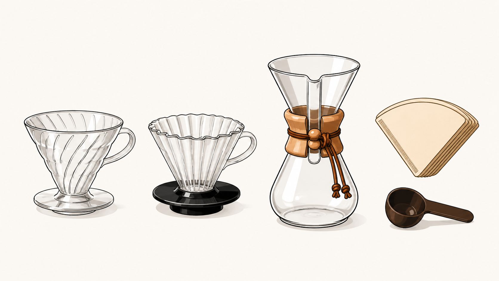 A digital illustration showing essential coffee brewing equipment including drippers, a glass carafe, paper filters, and a scoop.