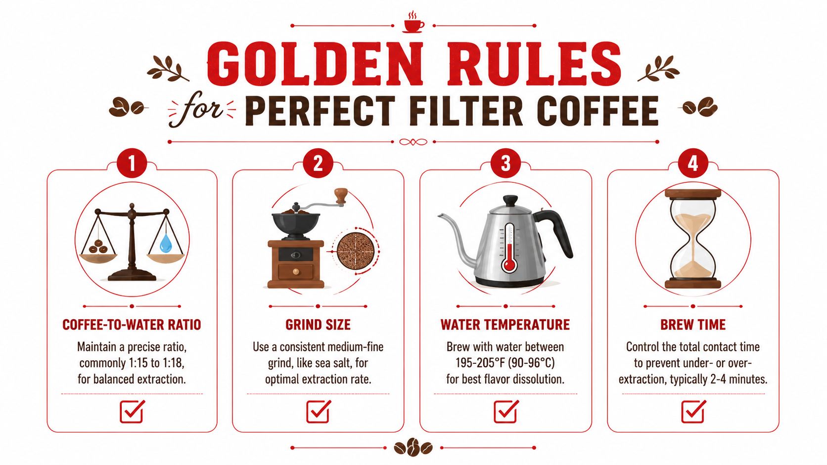 An infographic showing four golden rules for brewing perfect filter coffee, including ratio, grind, temperature, and time.