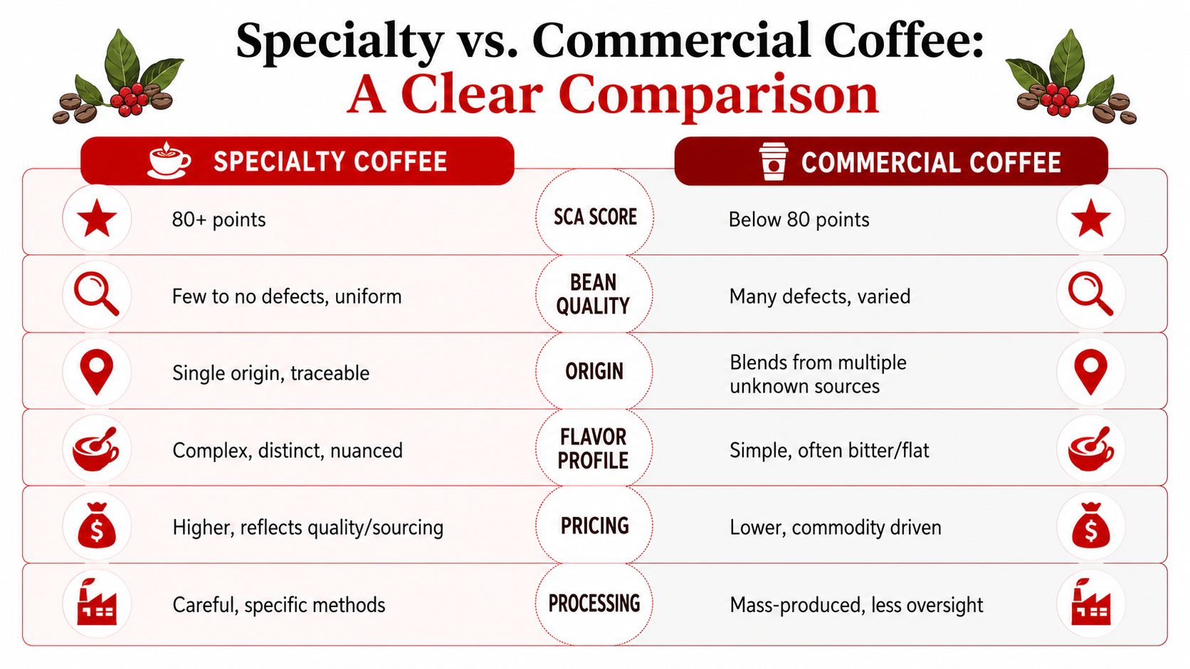 A comparison chart outlining the differences between specialty coffee and commercial coffee across six categories.