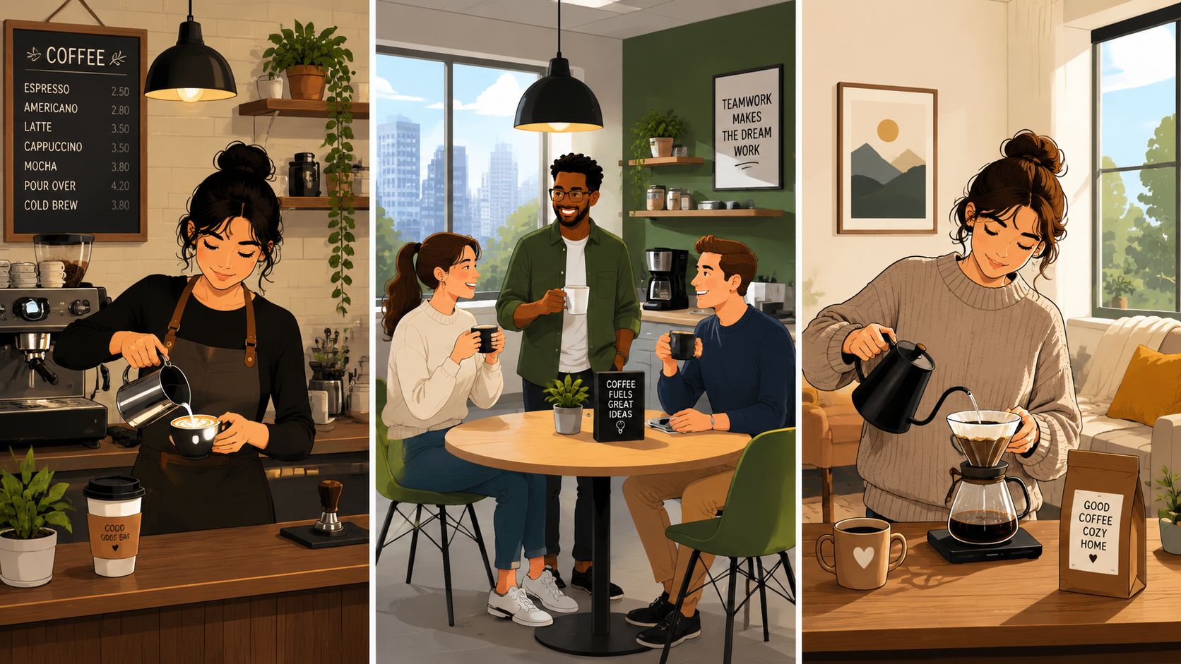 A collage showing a professional barista, friends working in a cafe, and a woman making pour-over coffee.