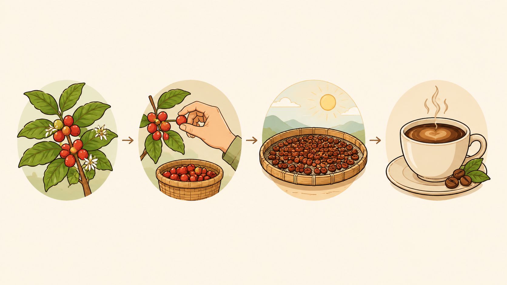 An illustration showing the step-by-step process of coffee production from harvest to a steaming cup.