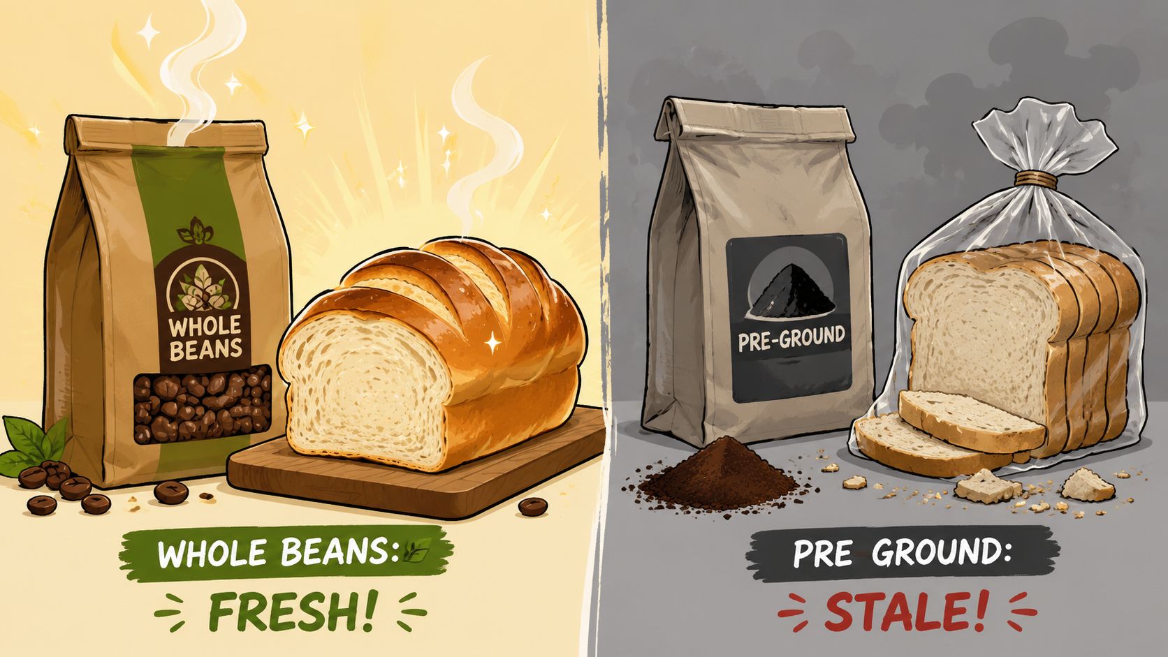 A split image comparing fresh whole bean coffee and bread to stale pre-ground coffee and bread.