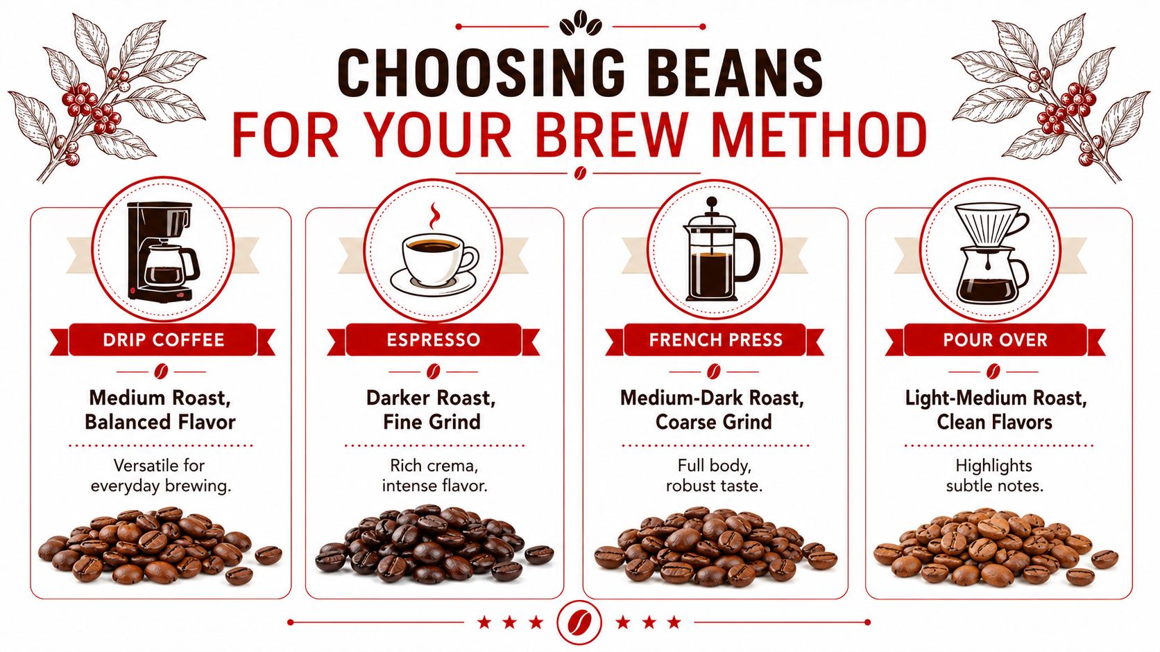 An educational infographic guide comparing coffee bean roast levels and grind sizes for various brewing methods.