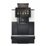 Modern coffee machine with touchscreen and bean dispenser.