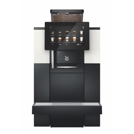 Modern coffee machine with touchscreen and bean dispenser.